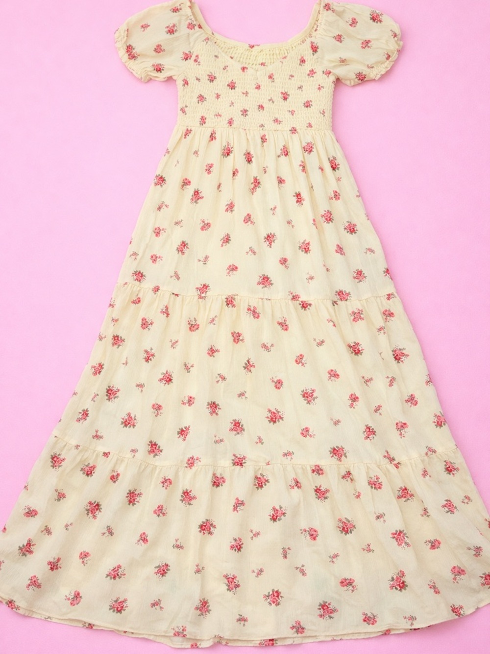Yellow Floral Maxi Dress with Pink Rose Print
